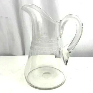 Hand Blown Crystal Etched Glass Pattern 9½" Pitcher Open Lip‎ Applied Handle MCM